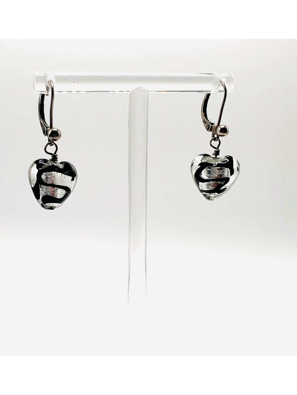 925 Sterling Silver Black Silver Foil Glass Heart Dangle Earrings
